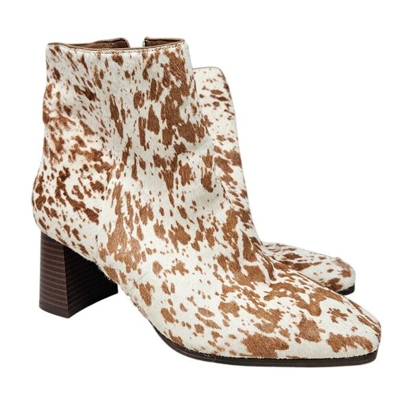 INC 11 Brown Spotted Cow Print Calf Hair Square Toe Western Boot Boho Chunky - Picture 1 of 5